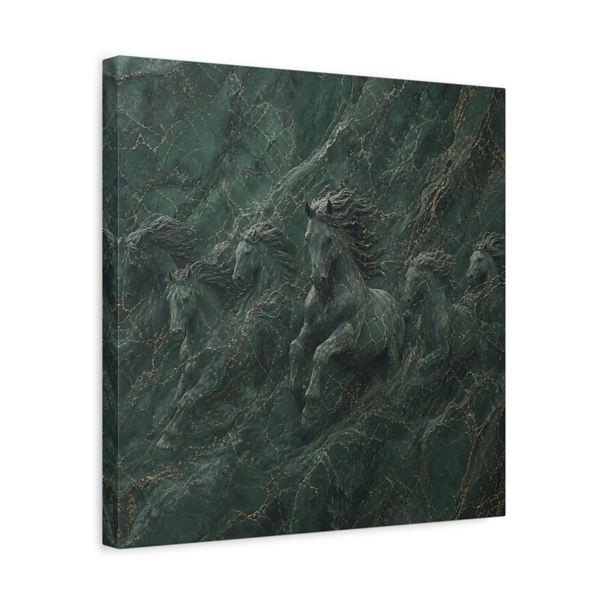 Side Mockup 6. Animals Horses Green And Gold shown as stretched canvas wall art