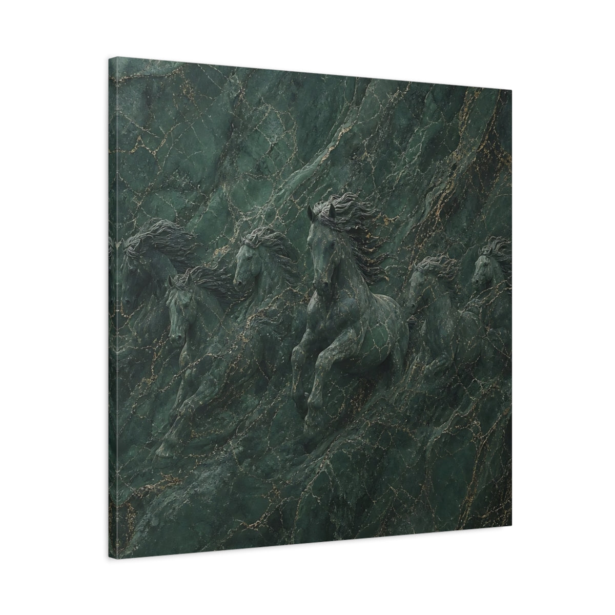 Side Mockup 3. Animals Horses Green And Gold shown as stretched canvas wall art