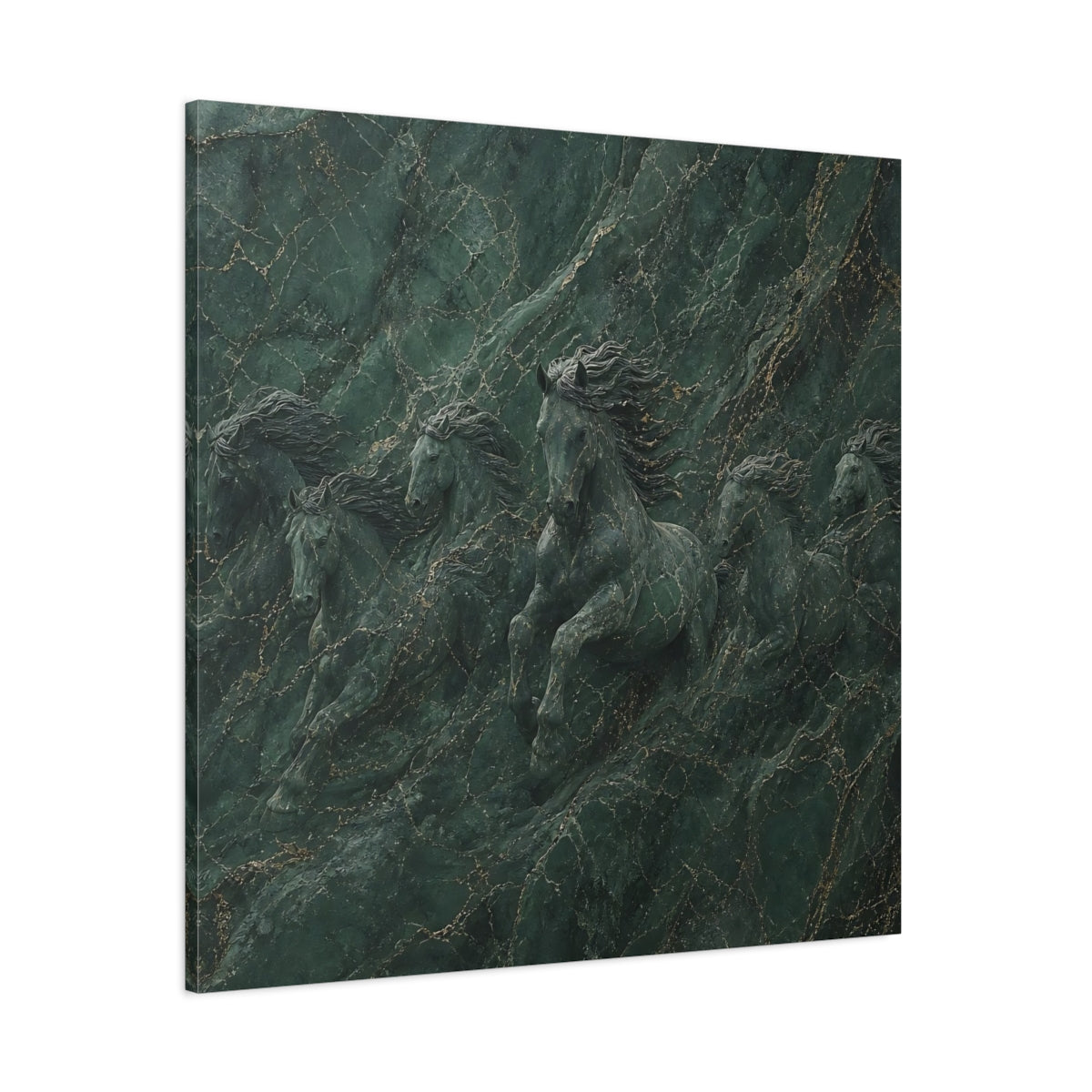Side Mockup 1. Animals Horses Green And Gold shown as stretched canvas wall art