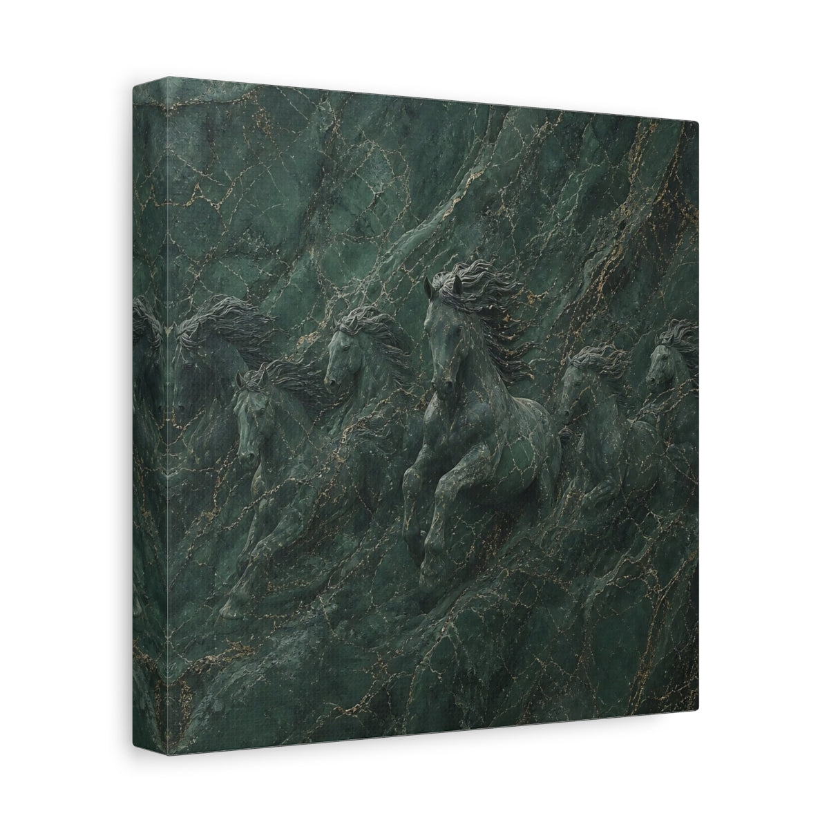 Side Mockup 9. Animals Horses Green And Gold shown as stretched canvas wall art