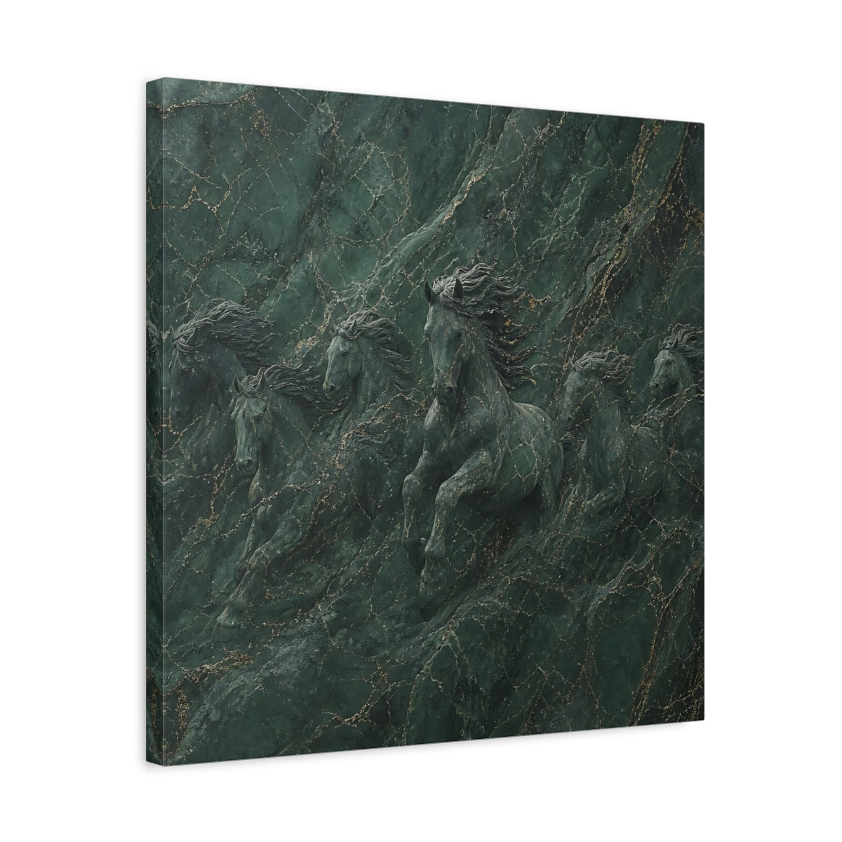 Side Mockup 5. Animals Horses Green And Gold shown as stretched canvas wall art