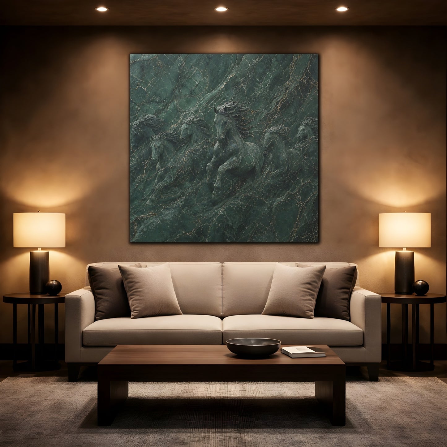 Mockup 2. Animals Horses Green And Gold shown as stretched canvas wall art