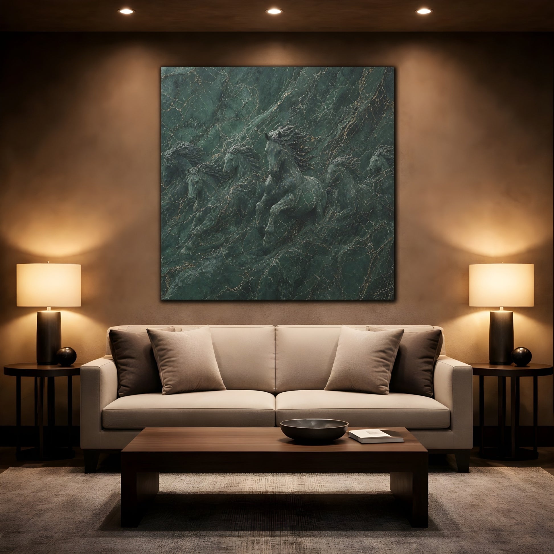 Mockup 2. Animals Horses Green And Gold shown as stretched canvas wall art