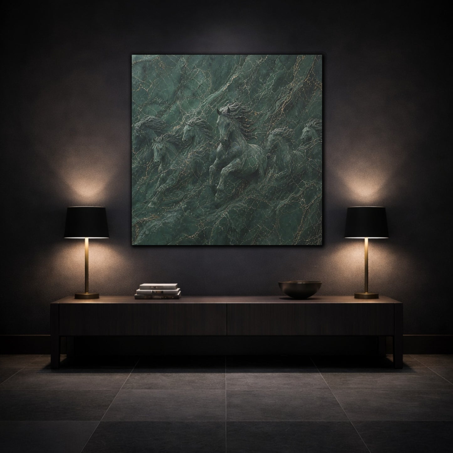 Mockup 3. Animals Horses Green And Gold shown as stretched canvas wall art
