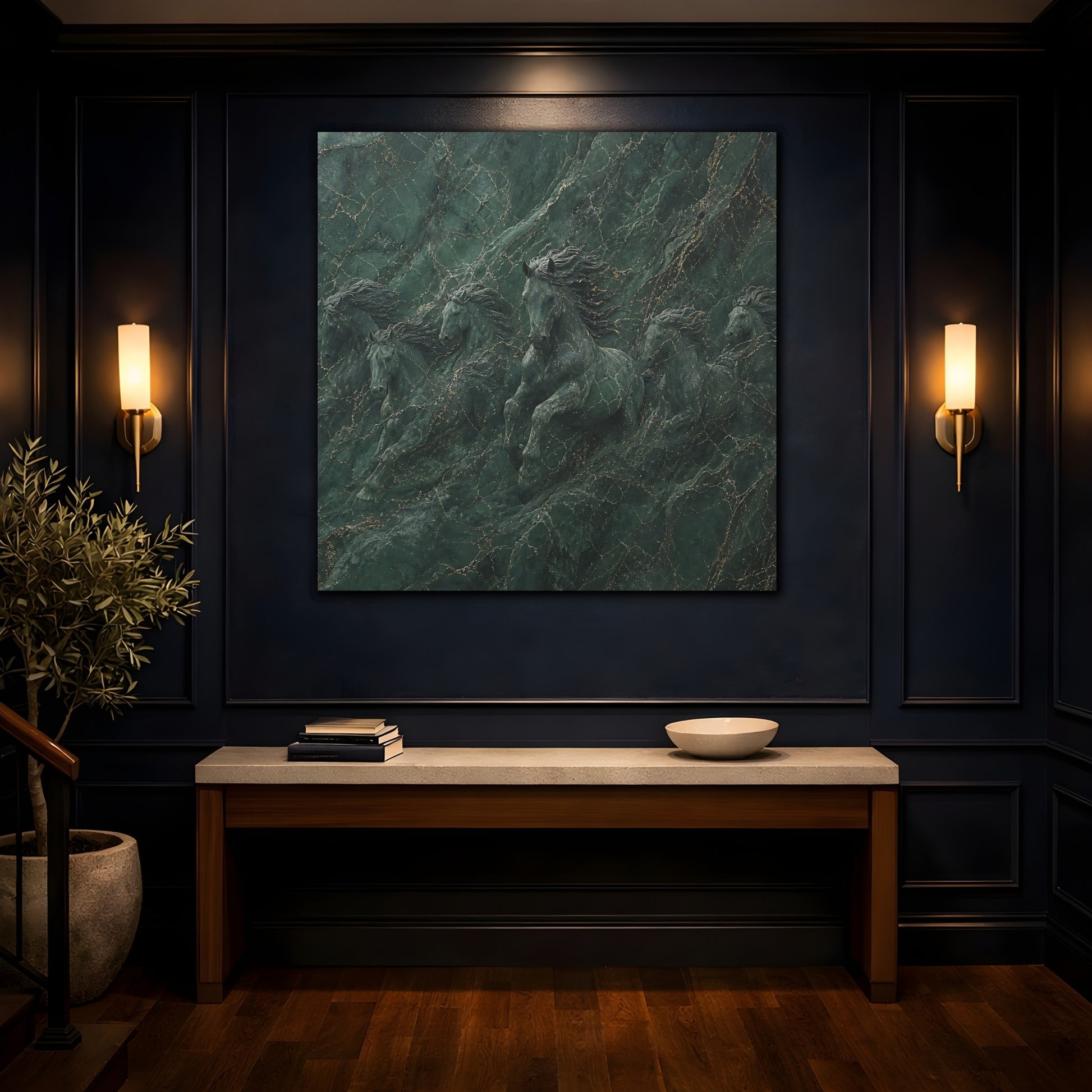 Mockup 4. Animals Horses Green And Gold shown as stretched canvas wall art