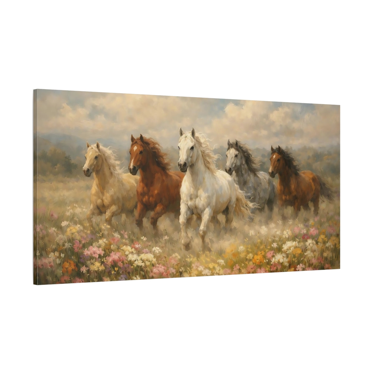 Main Mockup. Animals Horses Running Horses Meadow shown as stretched canvas wall art
