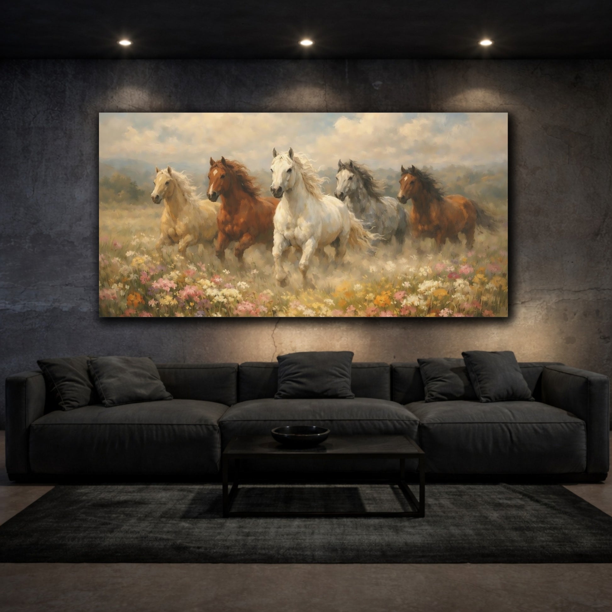 Mockup 2. Animals Horses Running Horses Meadow shown as stretched canvas wall art