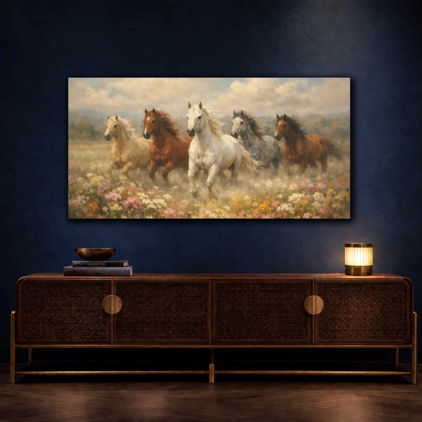 Mockup 4. Animals Horses Running Horses Meadow shown as stretched canvas wall art