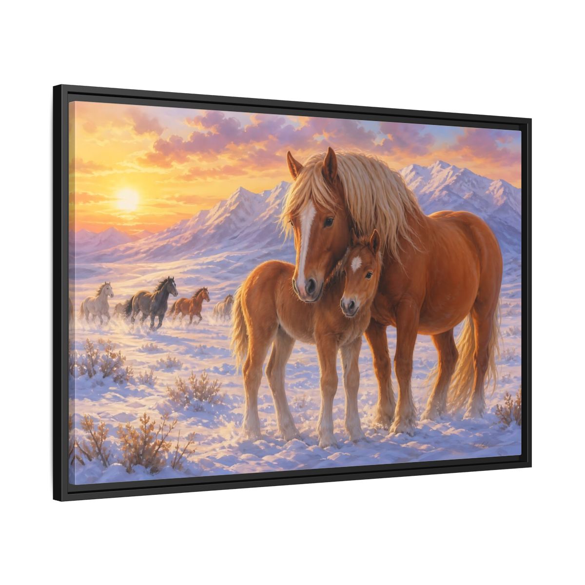 Side Mockup 13. Animals Horses Sunset Horses shown as stretched canvas wall art