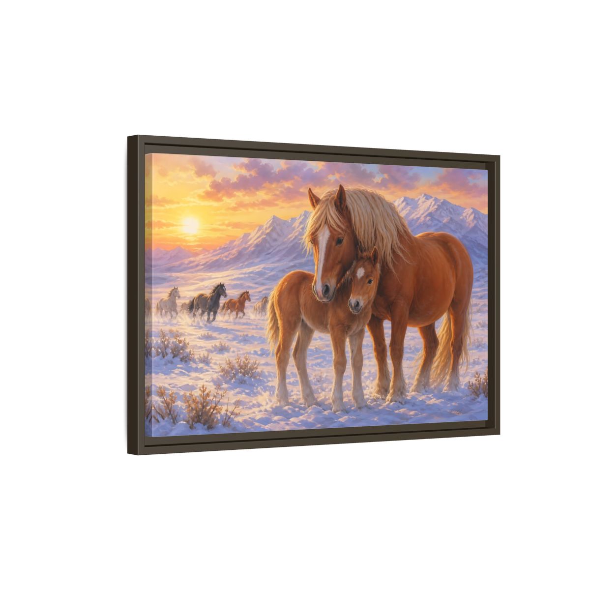 Side Mockup 2. Animals Horses Sunset Horses shown as stretched canvas wall art