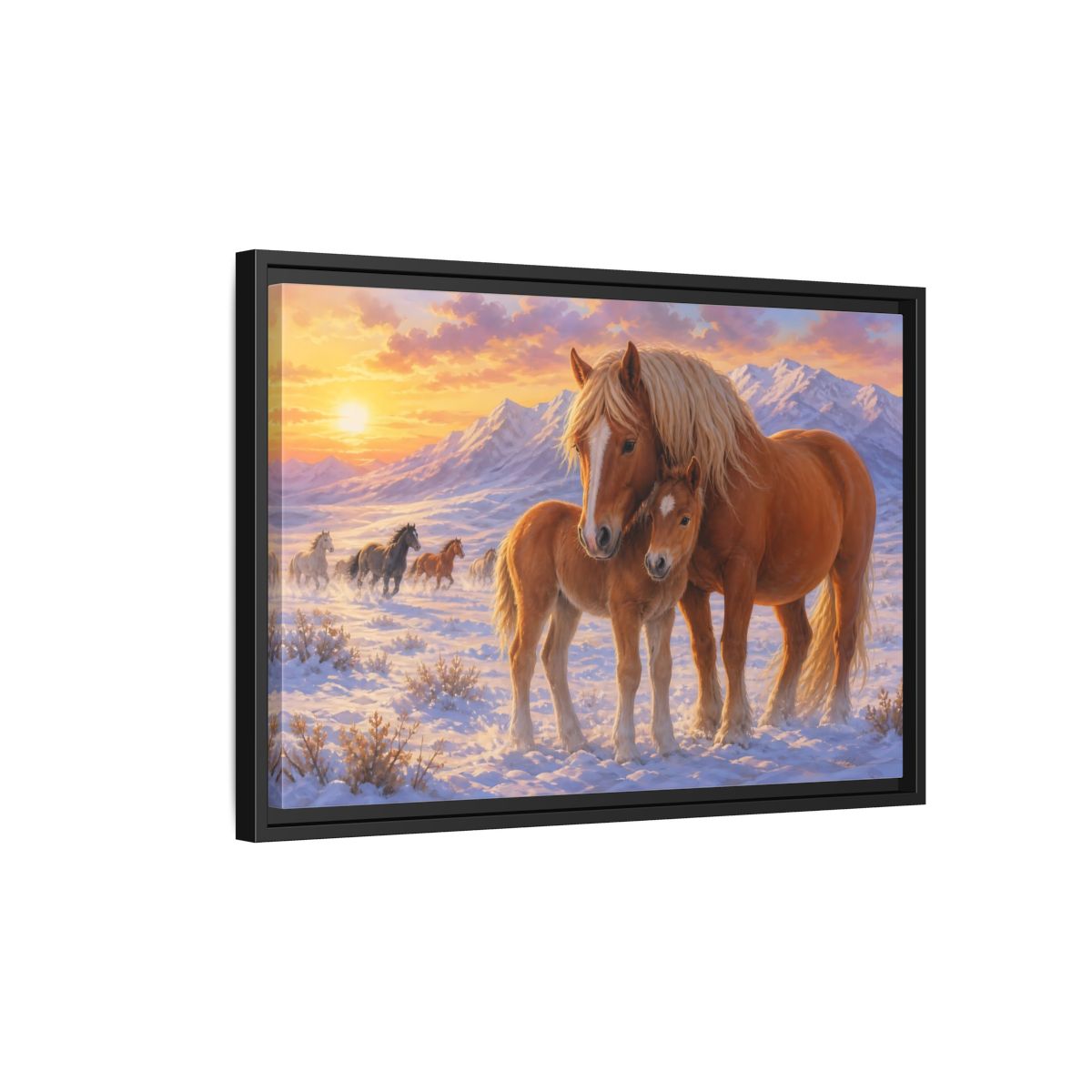 Side Mockup 3. Animals Horses Sunset Horses shown as stretched canvas wall art