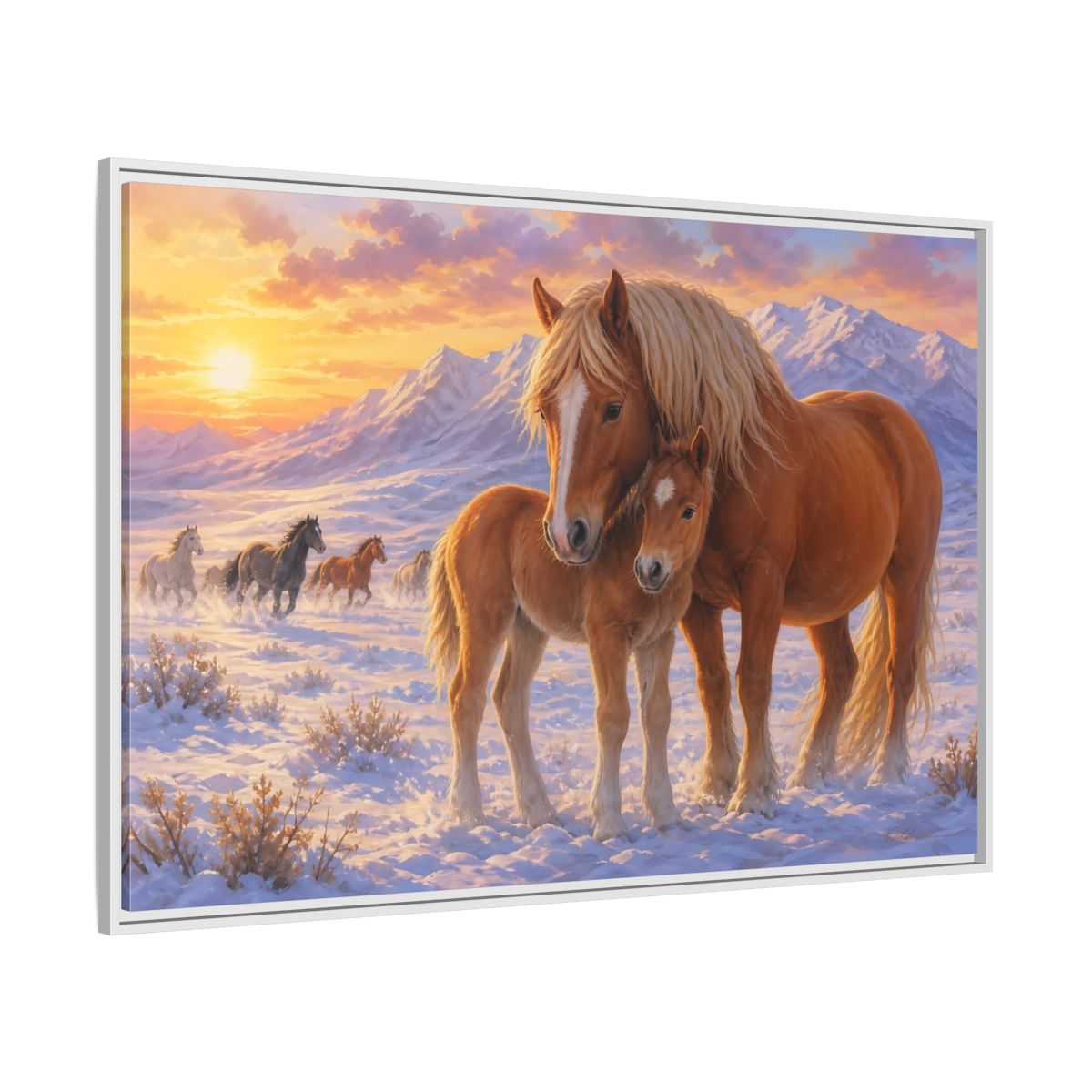 Side Mockup 7. Animals Horses Sunset Horses shown as stretched canvas wall art