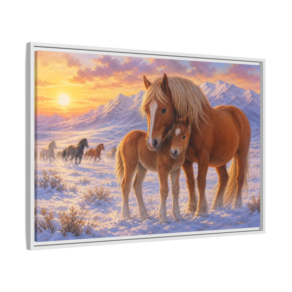 Side Mockup 9. Animals Horses Sunset Horses shown as stretched canvas wall art