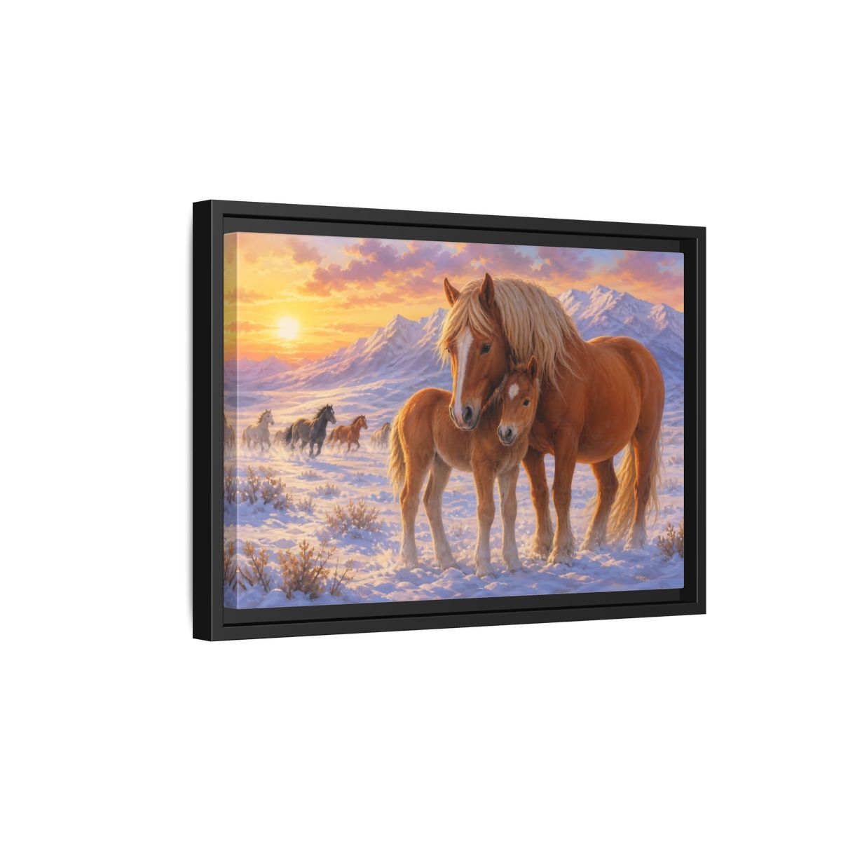 Side Mockup 6. Animals Horses Sunset Horses shown as stretched canvas wall art