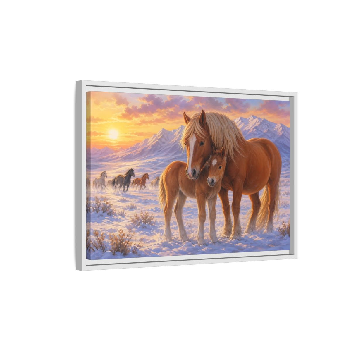 Side Mockup 1. Animals Horses Sunset Horses shown as stretched canvas wall art