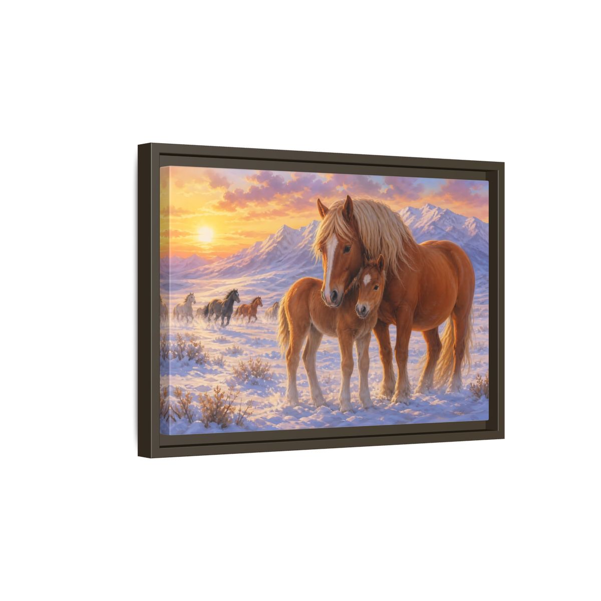 Side Mockup 5. Animals Horses Sunset Horses shown as stretched canvas wall art