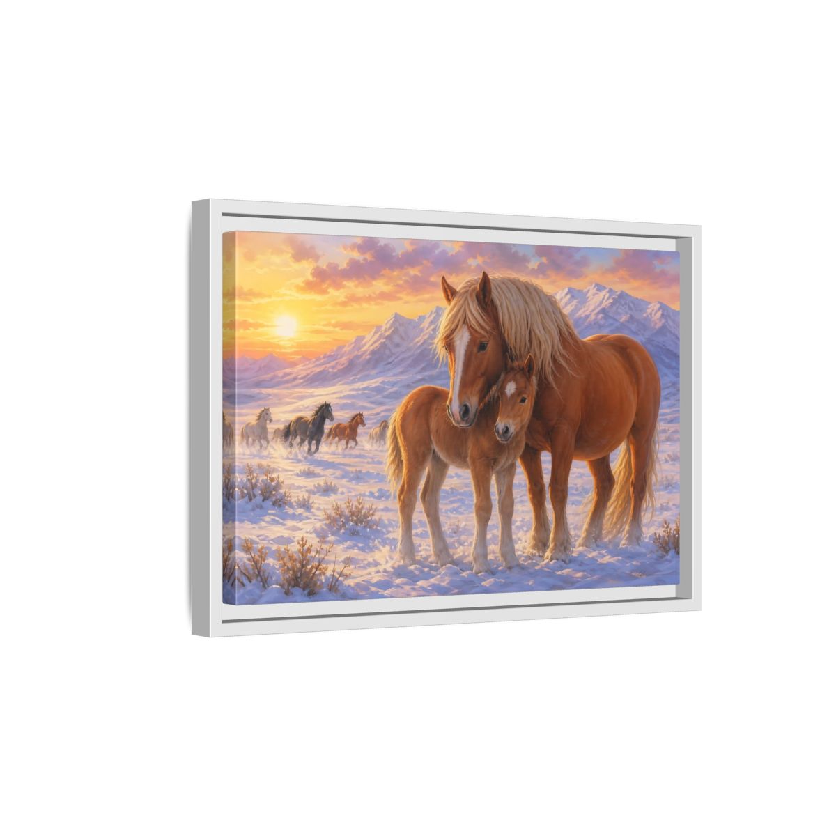 Side Mockup 4. Animals Horses Sunset Horses shown as stretched canvas wall art