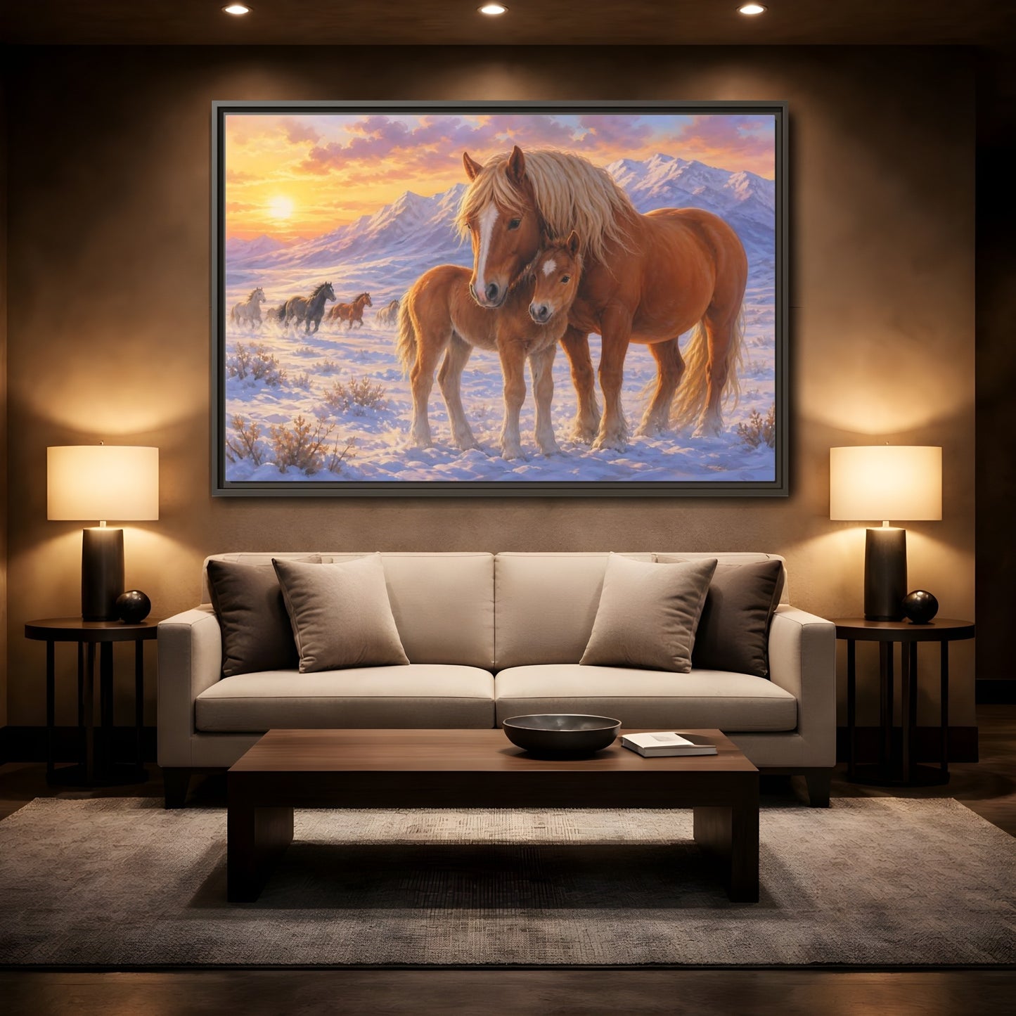 Mockup 2. Animals Horses Sunset Horses shown as stretched canvas wall art