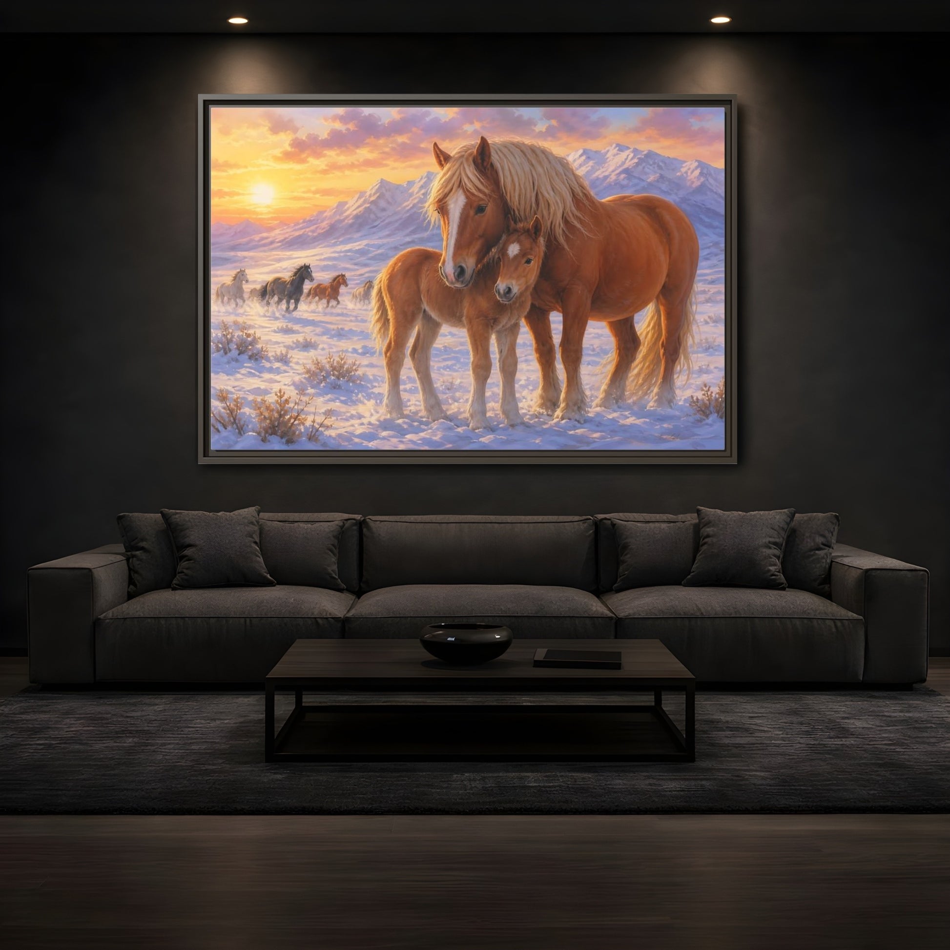 Mockup 3. Animals Horses Sunset Horses shown as stretched canvas wall art