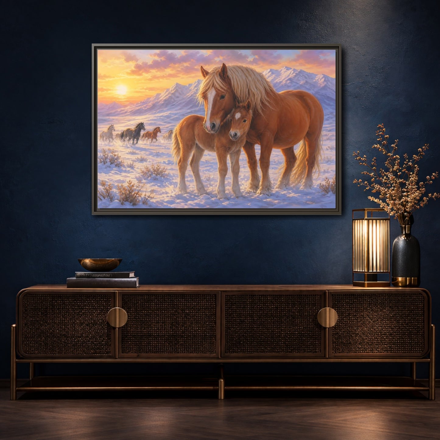 Mockup 4. Animals Horses Sunset Horses shown as stretched canvas wall art