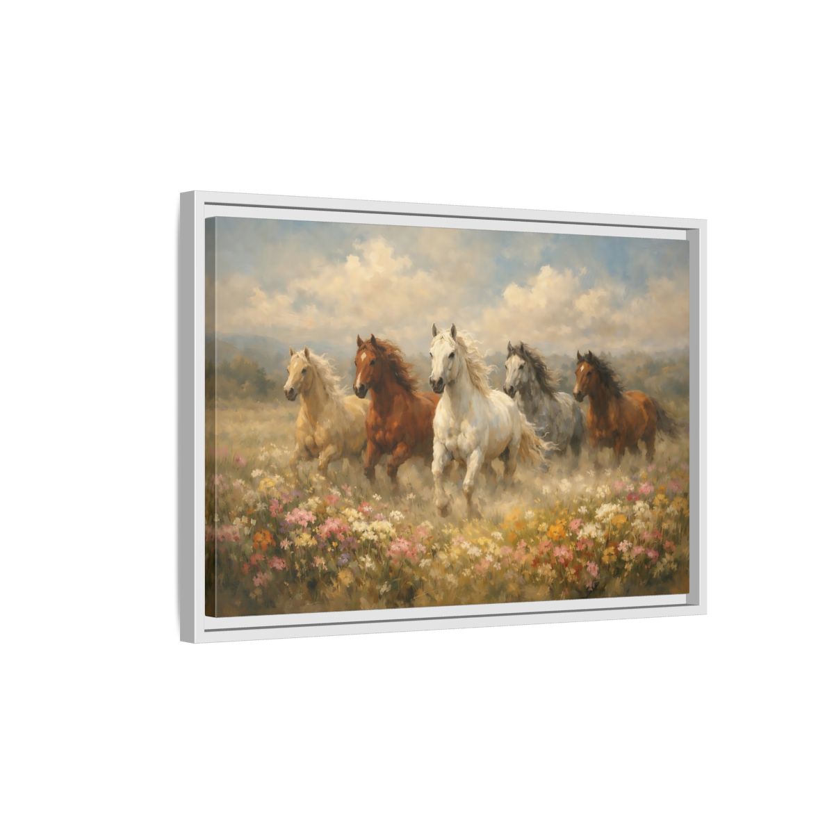 Side Mockup 1. Animals Horses Wild Horses Meadow shown as stretched canvas wall art