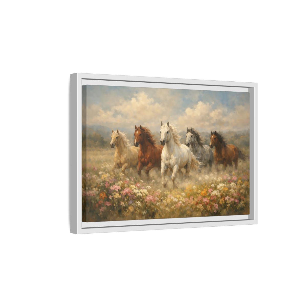 Side Mockup 4. Animals Horses Wild Horses Meadow shown as stretched canvas wall art