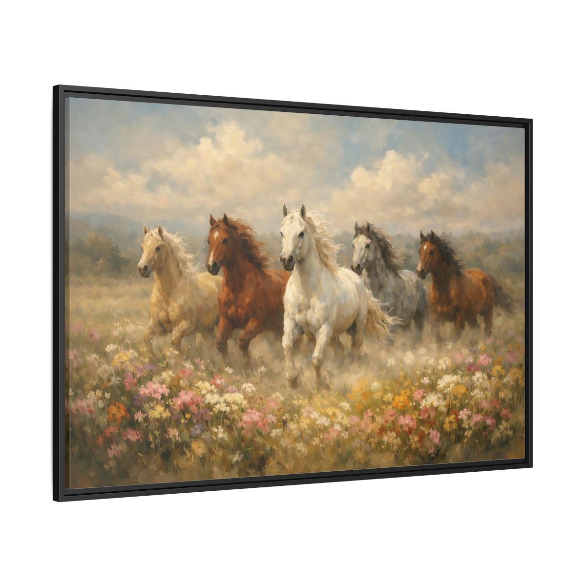 Side Mockup 12. Animals Horses Wild Horses Meadow shown as stretched canvas wall art