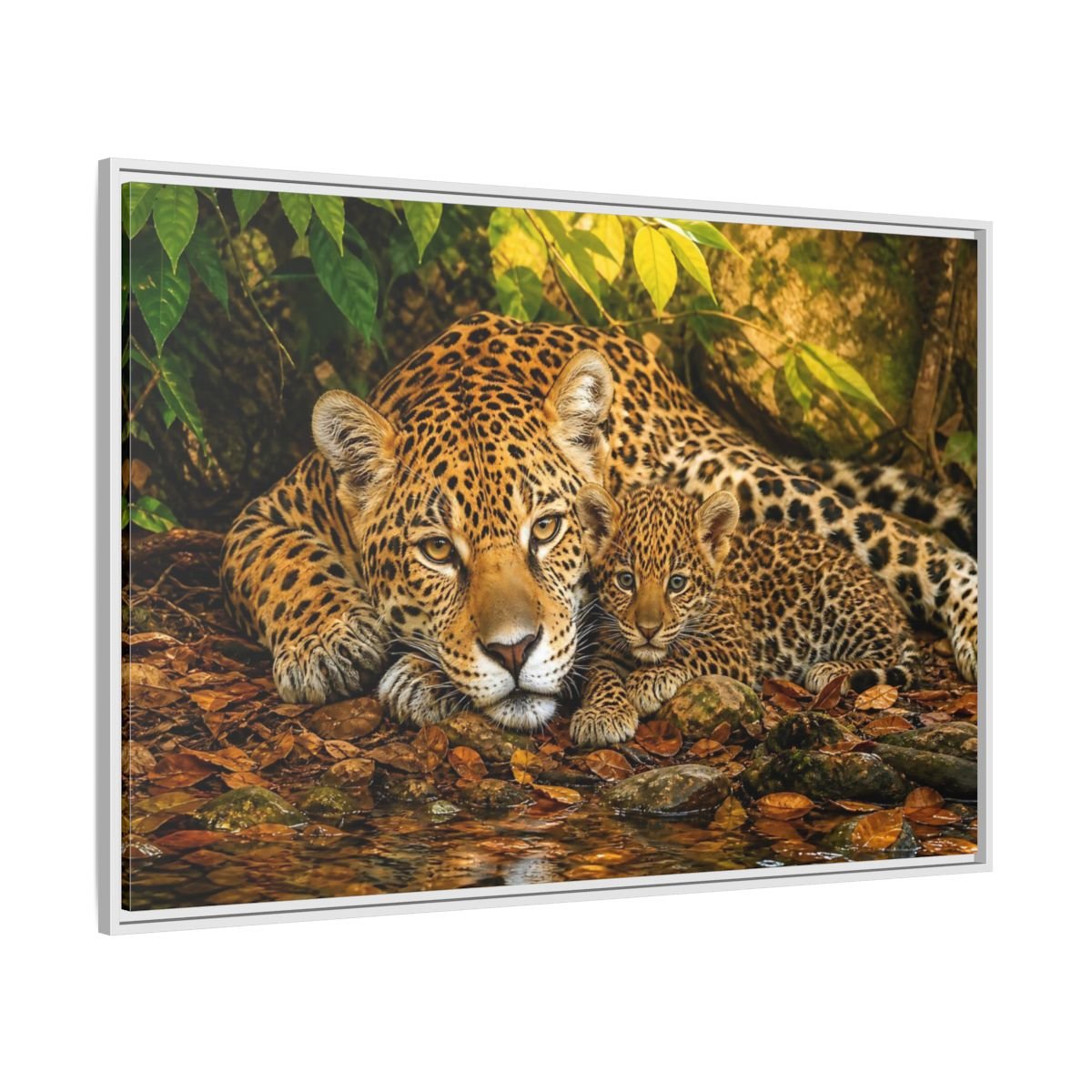 Animals Jaguar Family Brown And Green Framed Canvas Print – Living Room, Above Fireplace - YesArtYes