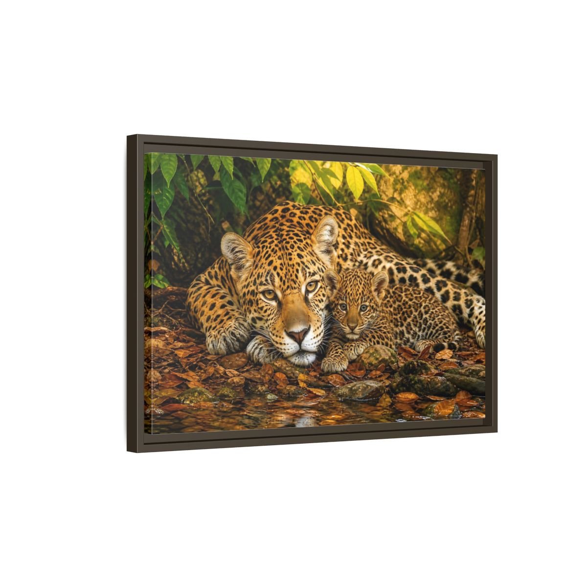 Animals Jaguar Family Brown And Green Framed Canvas Print – Living Room, Above Fireplace - YesArtYes