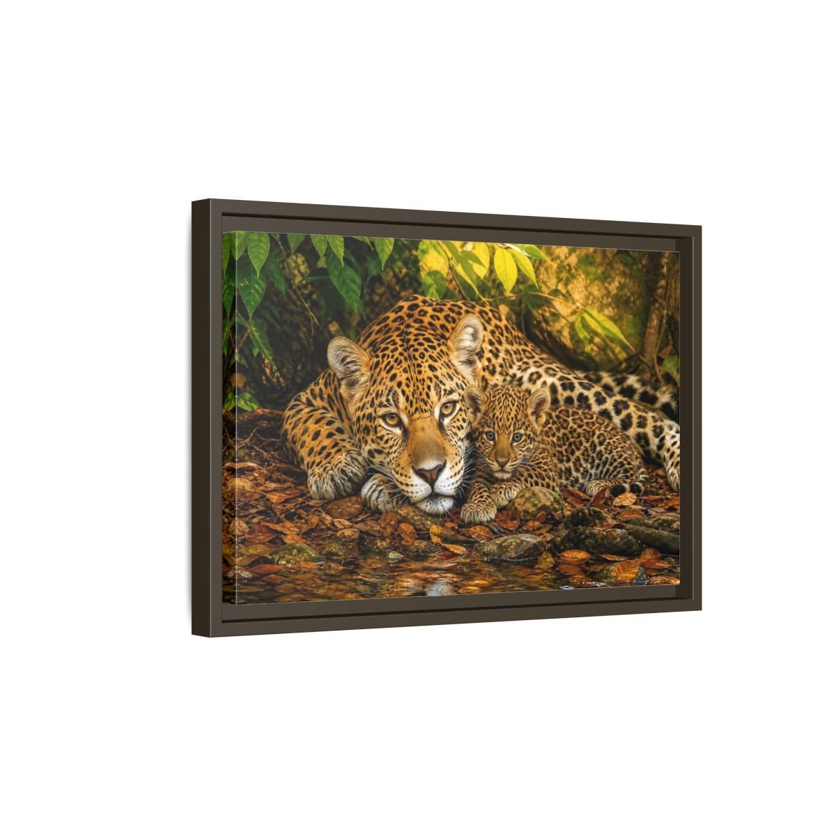 Animals Jaguar Family Brown And Green Framed Canvas Print – Living Room, Above Fireplace - YesArtYes