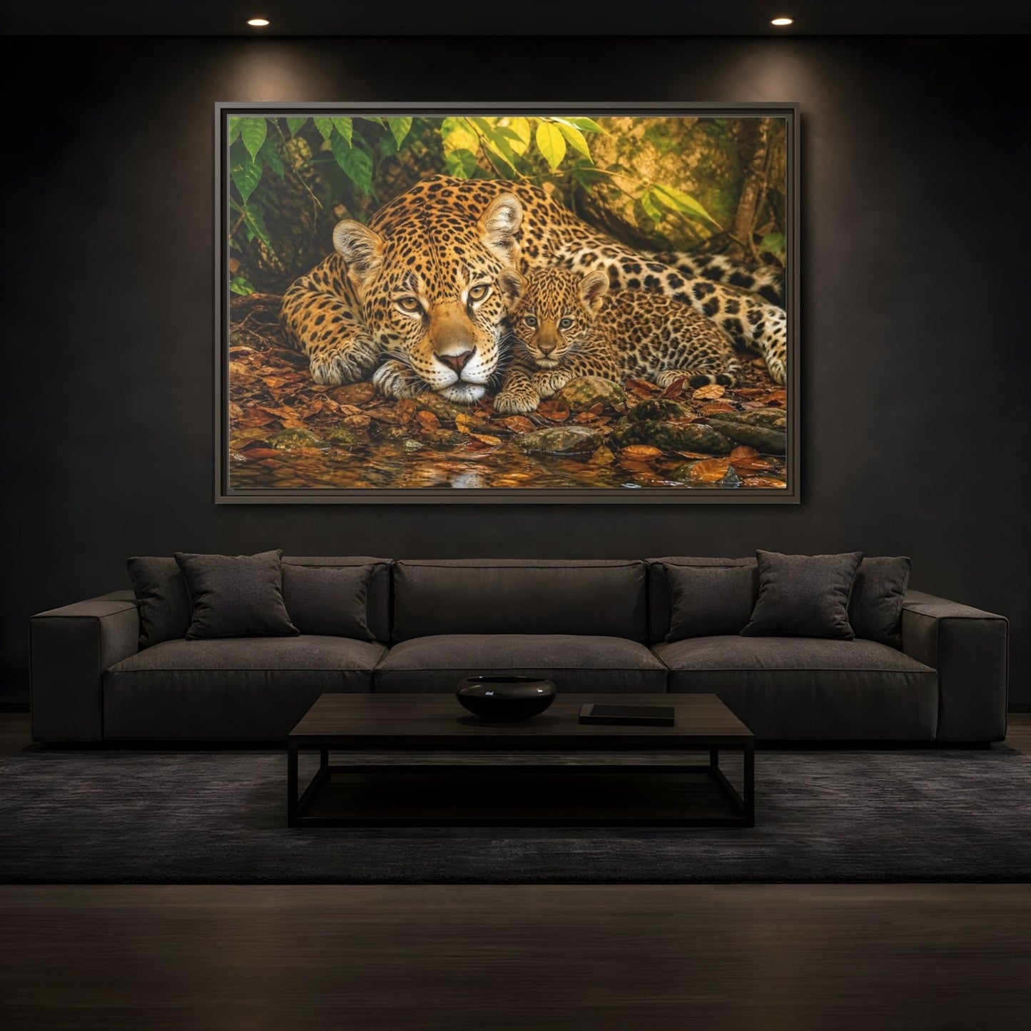 Animals Jaguar Family Brown And Green Framed Canvas Print – Living Room, Above Fireplace - YesArtYes
