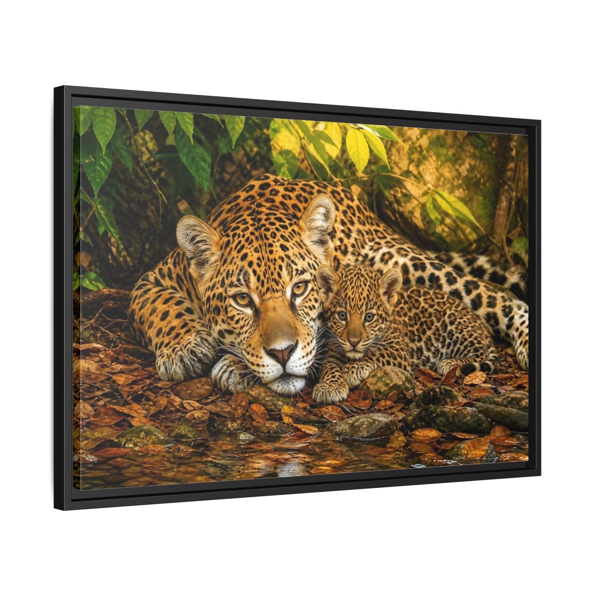 Animals Jaguar Family Brown And Green Framed Canvas Print – Living Room, Above Fireplace - YesArtYes