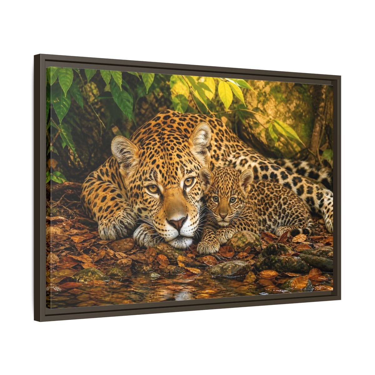 Animals Jaguar Family Brown And Green Framed Canvas Print – Living Room, Above Fireplace - YesArtYes
