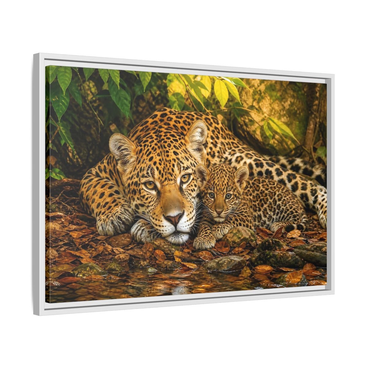 Animals Jaguar Family Brown And Green Framed Canvas Print – Living Room, Above Fireplace - YesArtYes