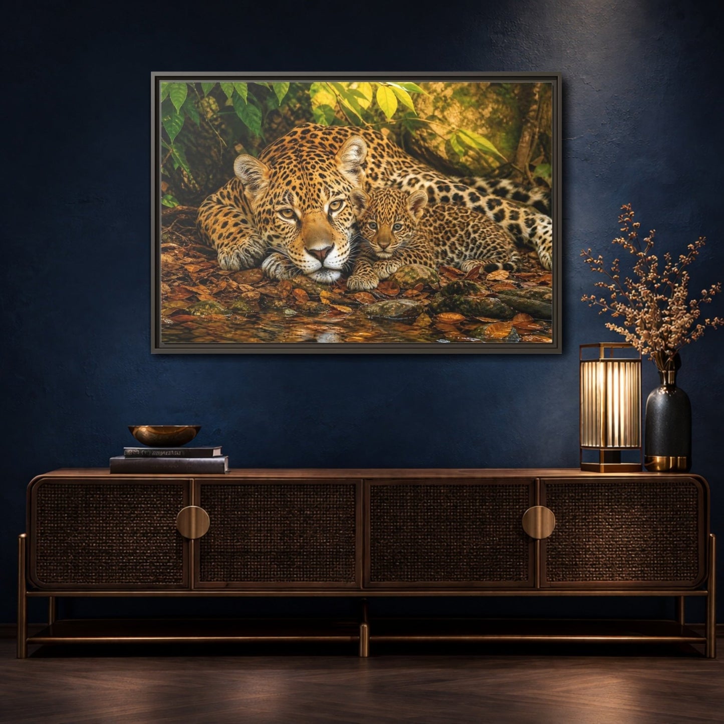 Animals Jaguar Family Brown And Green Framed Canvas Print – Living Room, Above Fireplace - YesArtYes