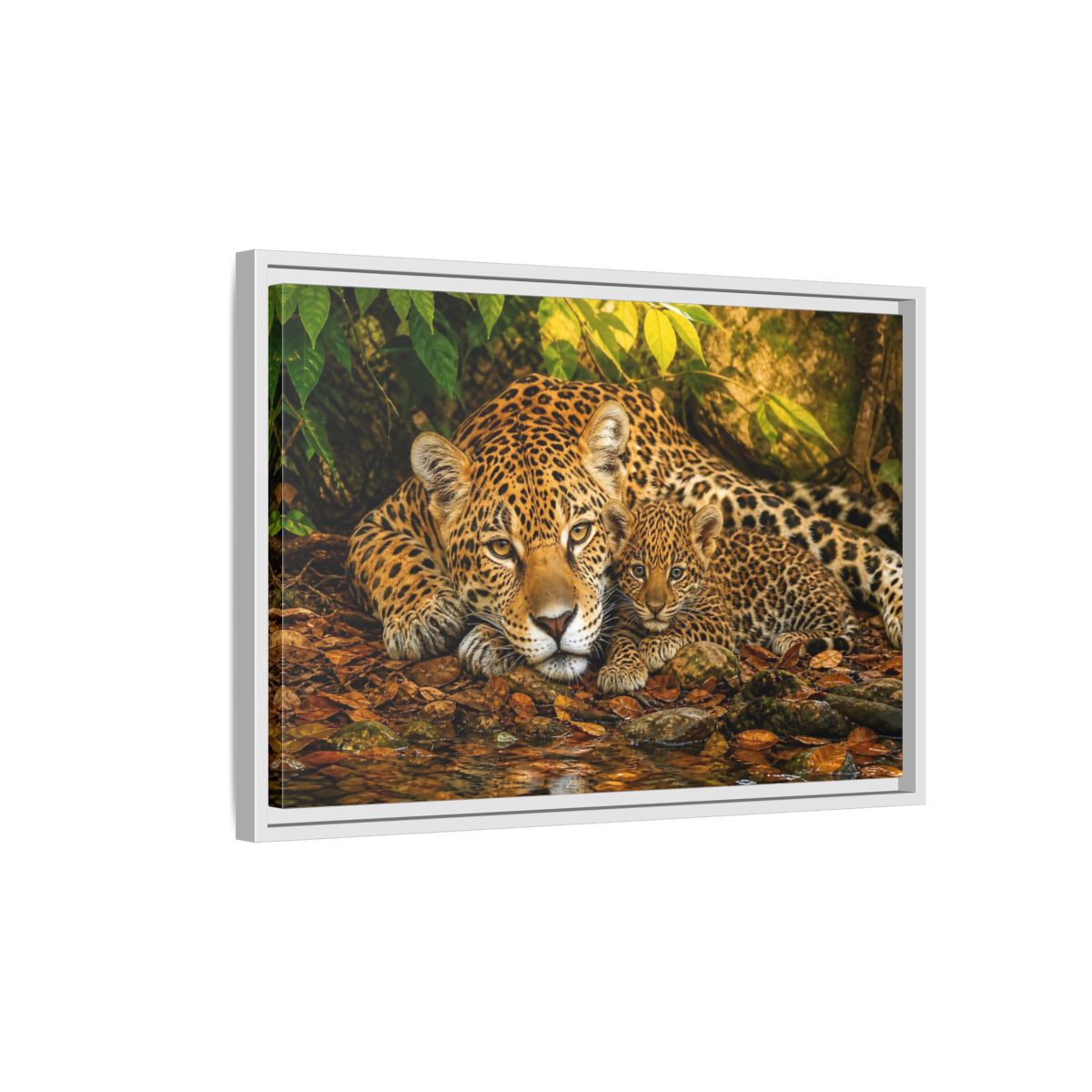 Side Mockup 1. Animals Jaguar Family Brown And Green shown as stretched canvas wall art