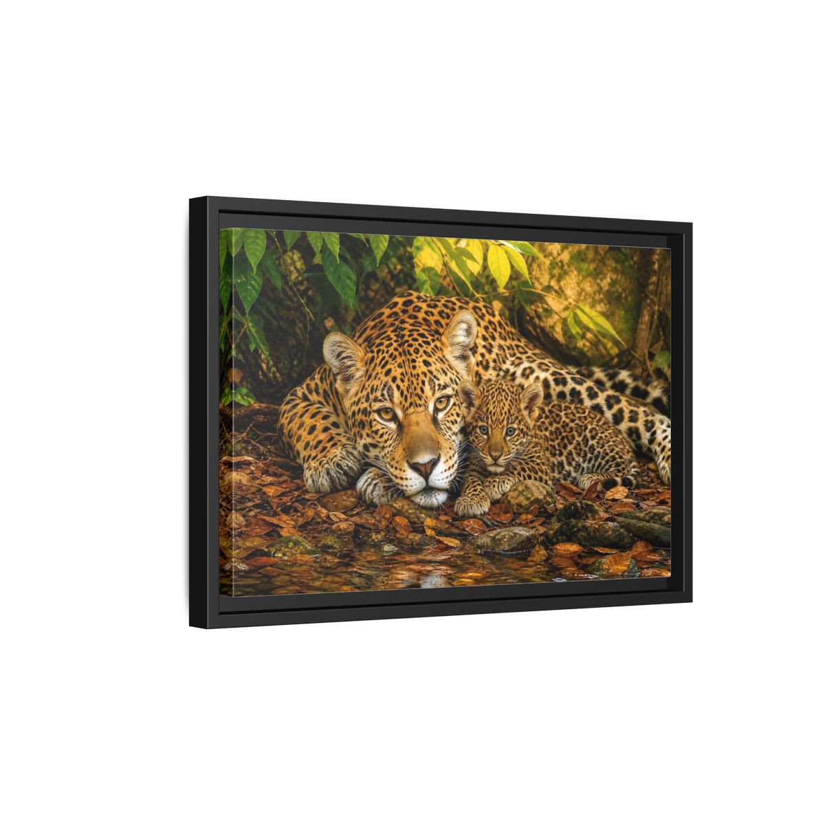 Side Mockup 6. Animals Jaguar Family Brown And Green shown as stretched canvas wall art