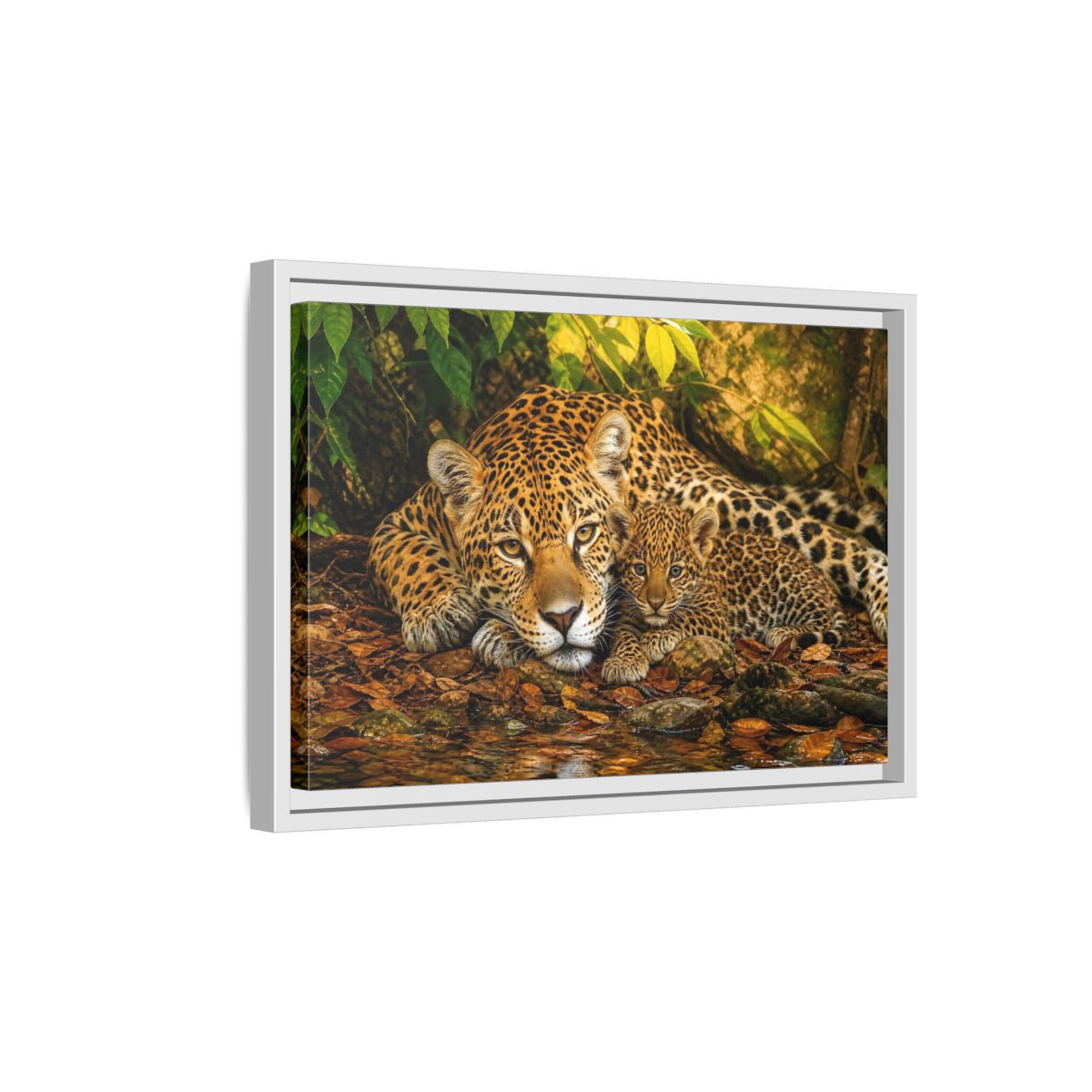 Side Mockup 4. Animals Jaguar Family Brown And Green shown as stretched canvas wall art