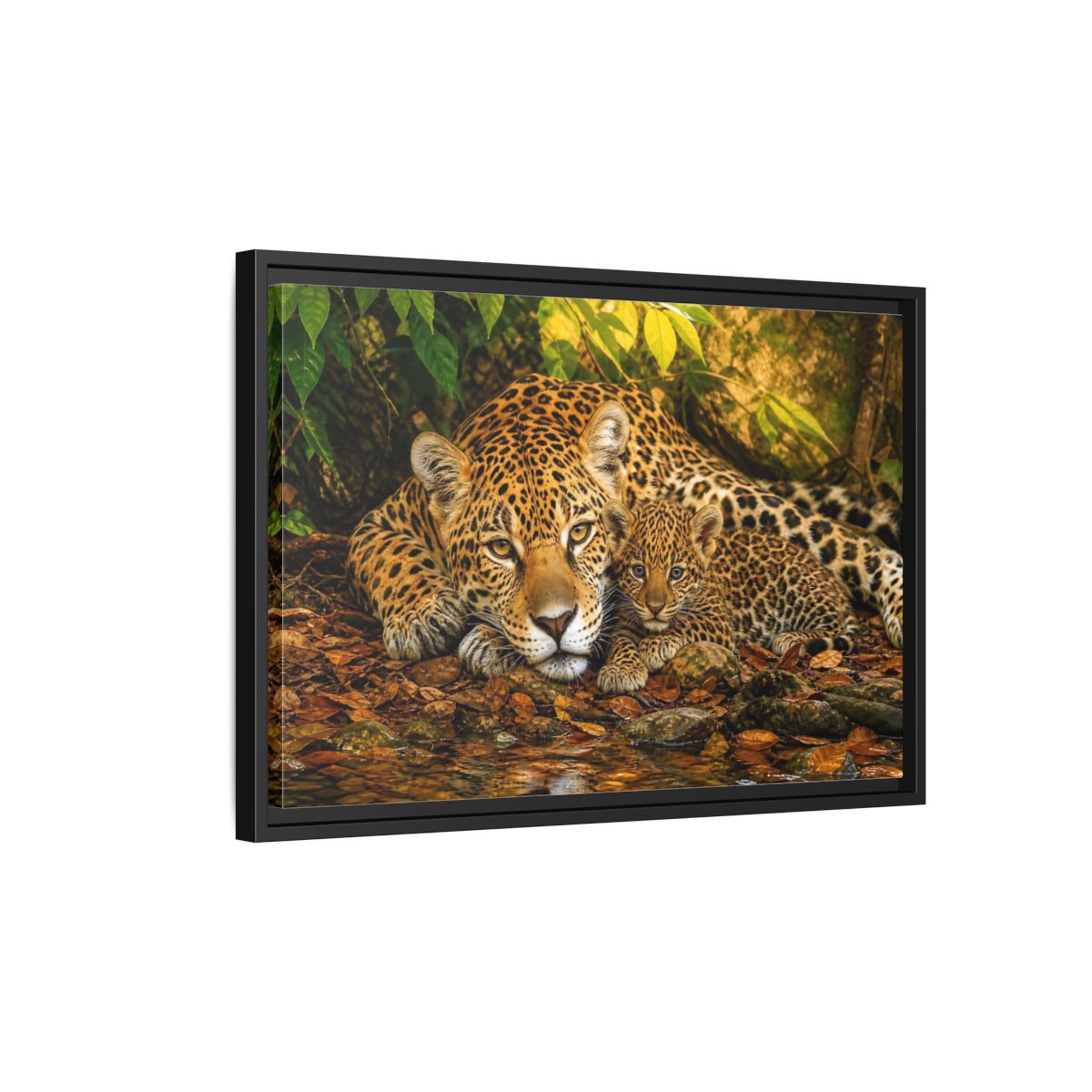 Side Mockup 3. Animals Jaguar Family Brown And Green shown as stretched canvas wall art