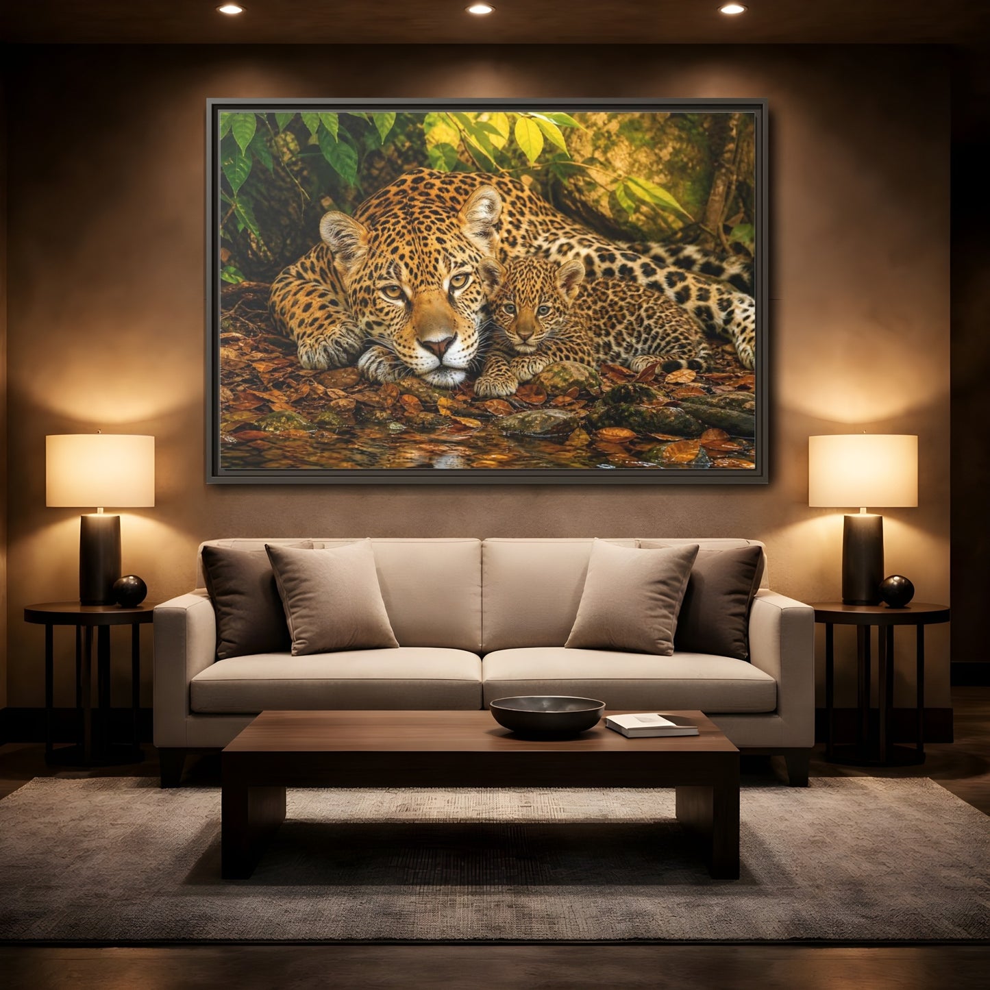 Mockup 2. Animals Jaguar Family Brown And Green shown as stretched canvas wall art