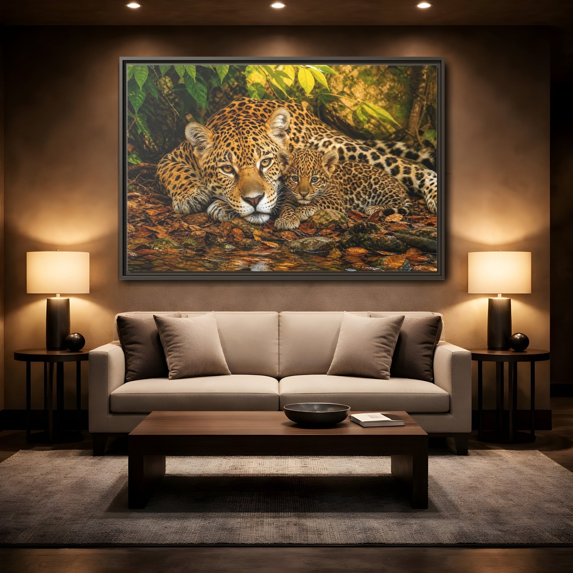 Mockup 2. Animals Jaguar Family Brown And Green shown as stretched canvas wall art
