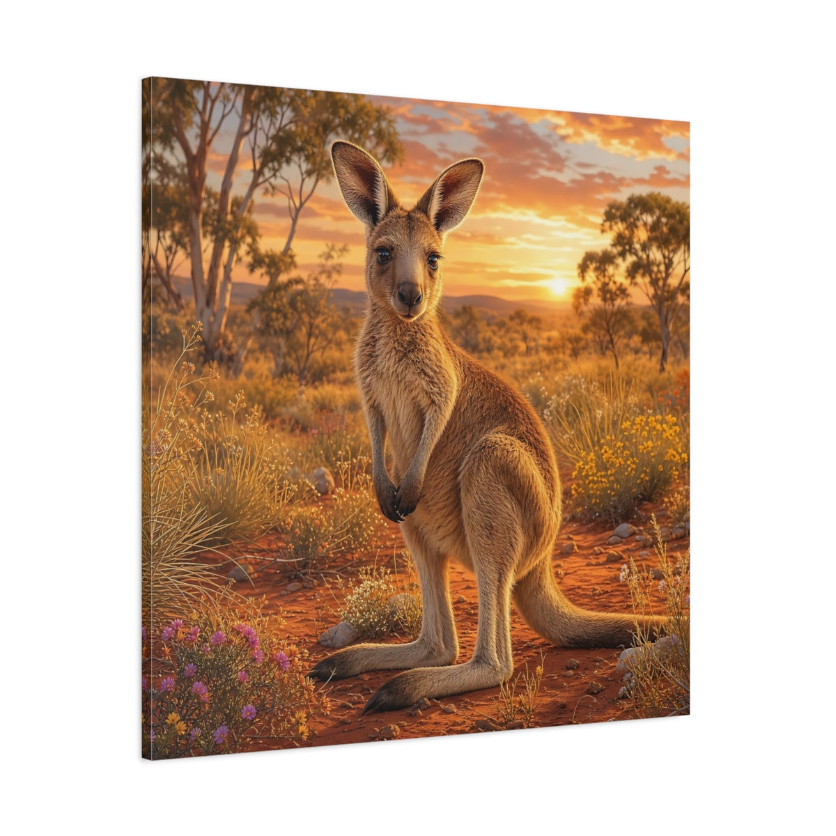 Side Mockup 1. Animals Kangaroo Kangaroo Sunset shown as canvas print