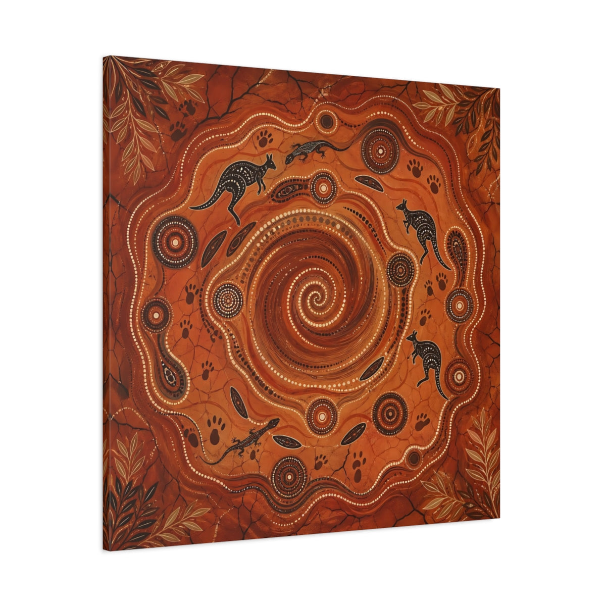 Side Mockup 1. Animals Kangaroos, Lizards Orange And Brown shown as canvas print