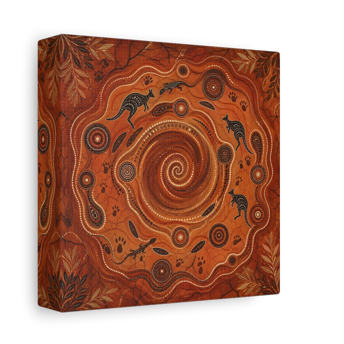 Side Mockup 2. Animals Kangaroos, Lizards Orange And Brown shown as canvas print