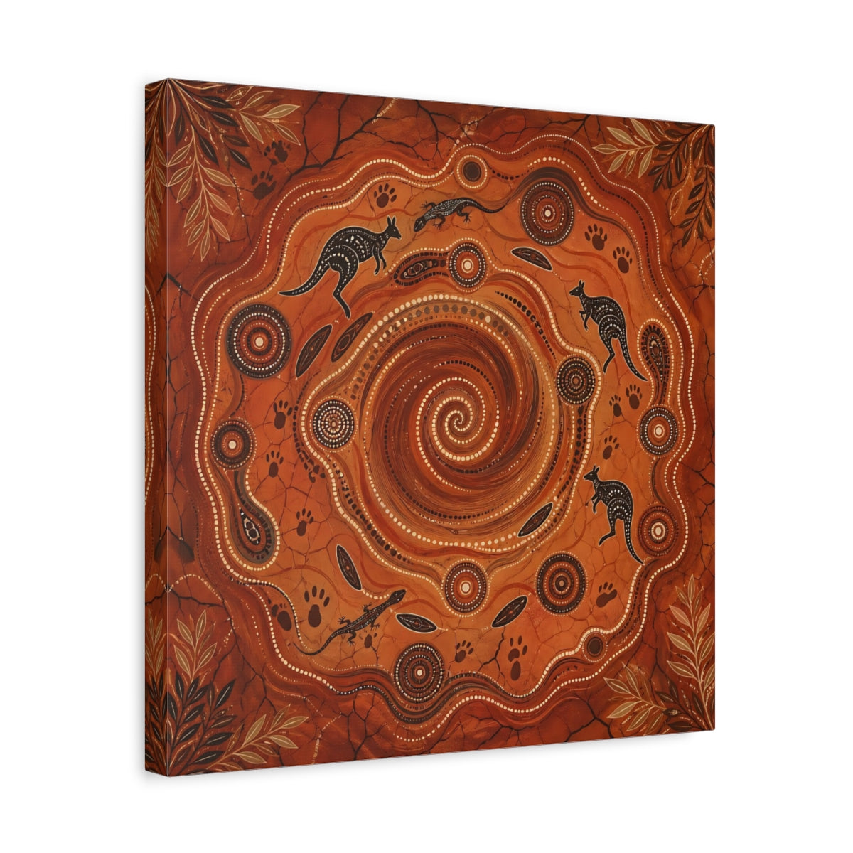 Side Mockup 6. Animals Kangaroos, Lizards Orange And Brown shown as canvas print