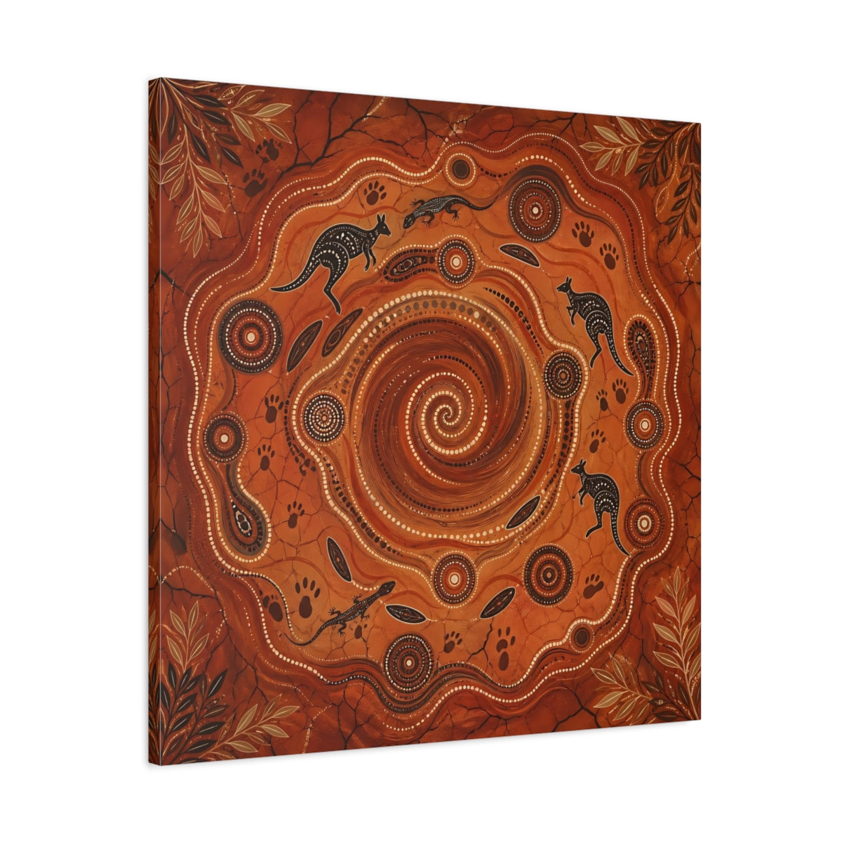 Side Mockup 3. Animals Kangaroos, Lizards Orange And Brown shown as canvas print