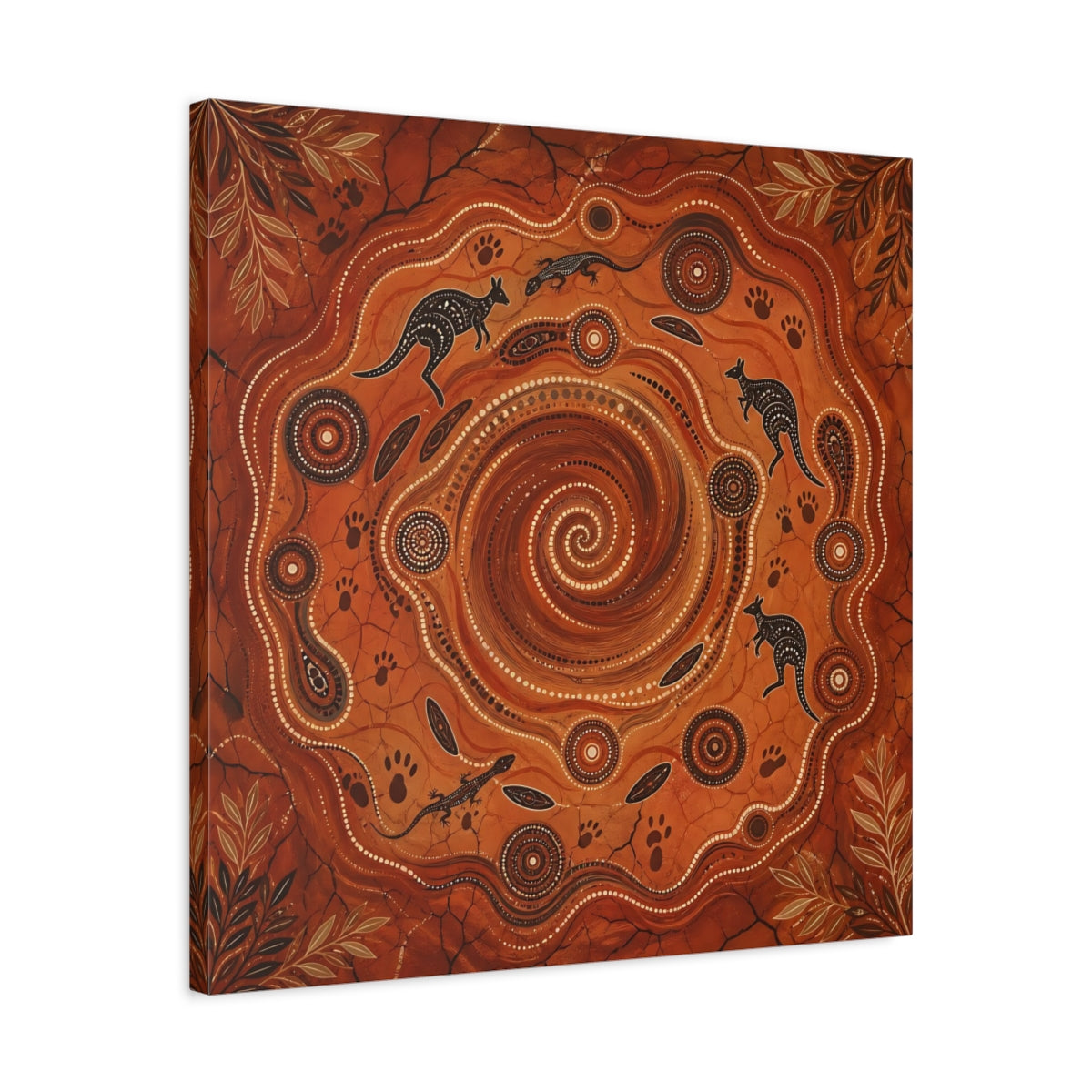 Side Mockup 4. Animals Kangaroos, Lizards Orange And Brown shown as canvas print