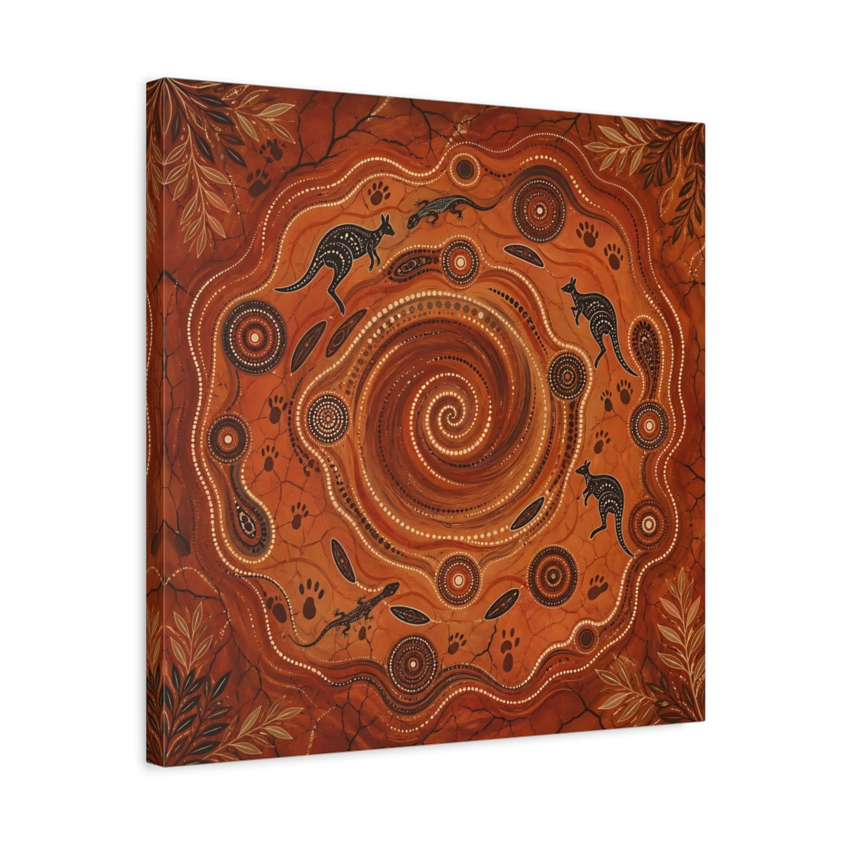 Side Mockup 5. Animals Kangaroos, Lizards Orange And Brown shown as canvas print