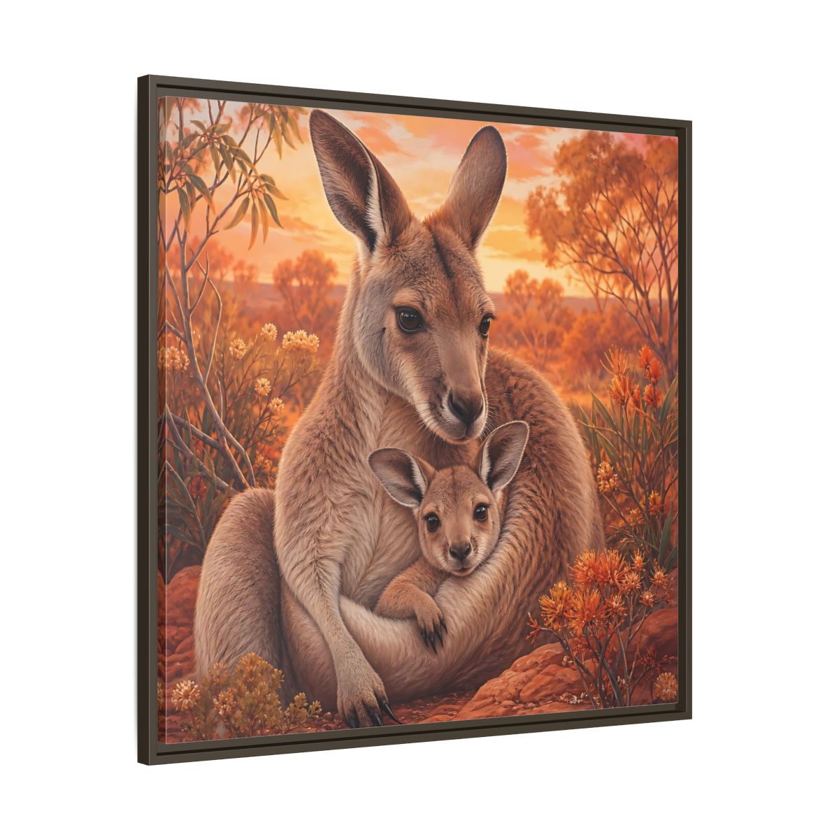 Main Mockup. Animals Kangaroos Orange Brown Kangaroo shown as framed canvas print