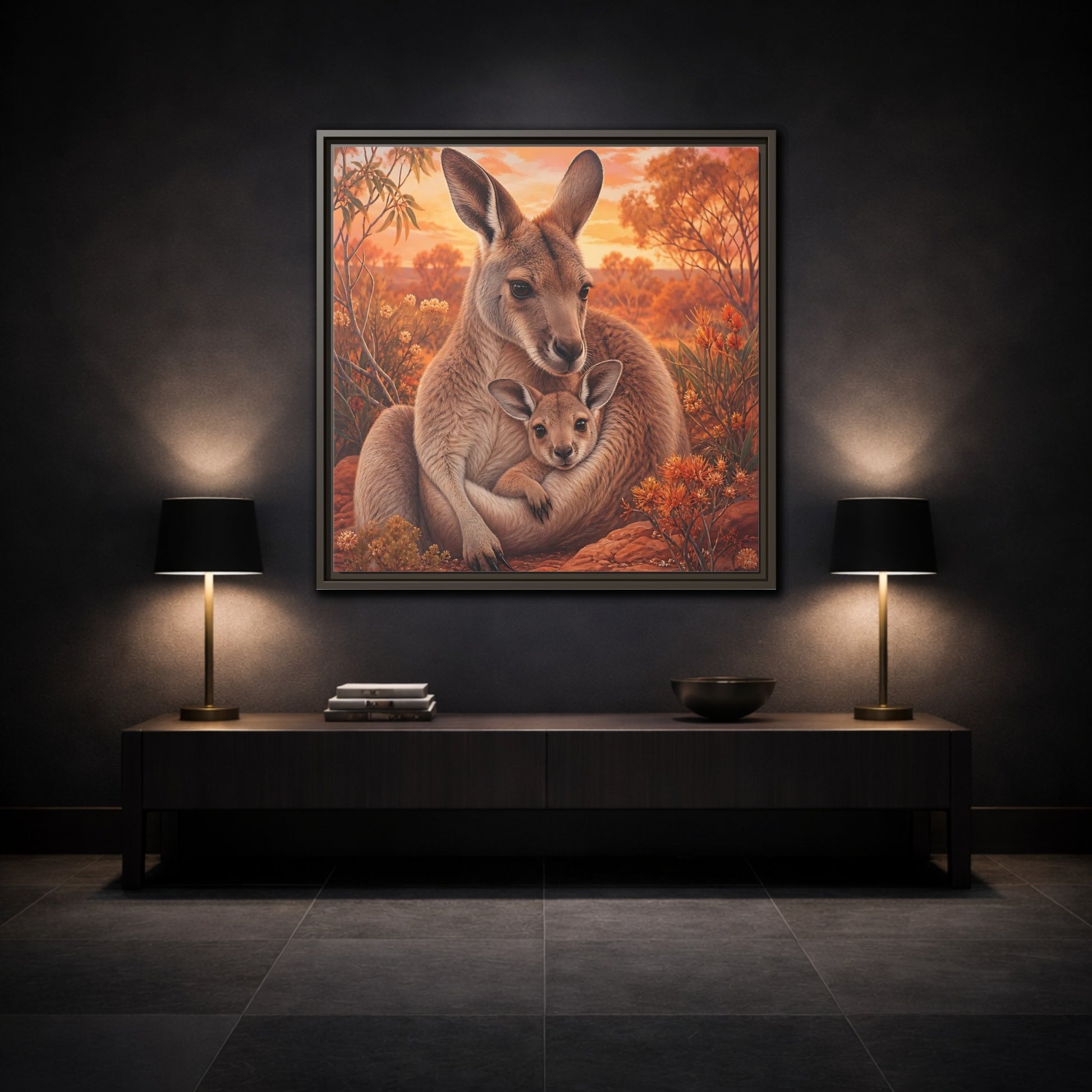 Mockup 3. Animals Kangaroos Orange Brown Kangaroo shown as framed canvas print